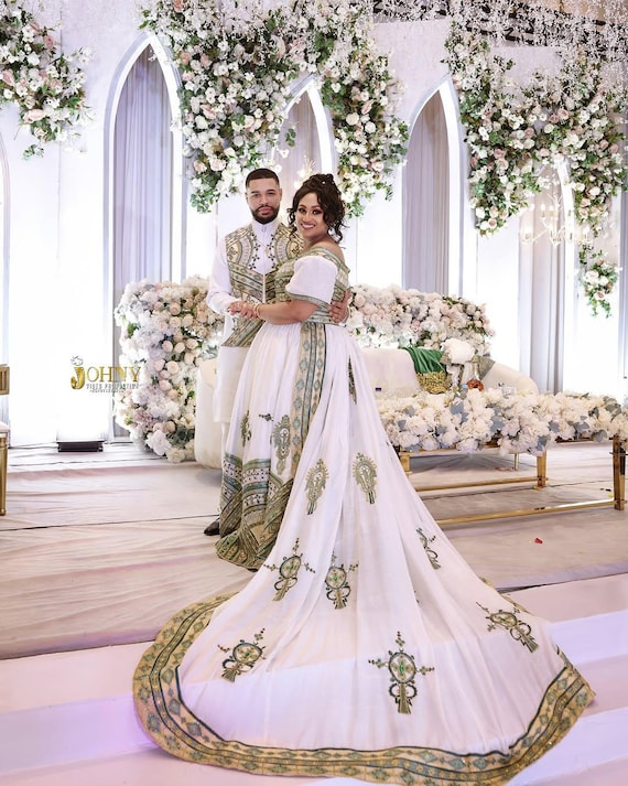 Green Bliss Ethiopian Wedding Dress Couple Set by Enku Design - Habesha Wedding Outfit