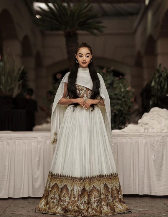 Royal Golden Ethiopian Dress with Handwoven Tibeb - Custom Made Habesha KemiS