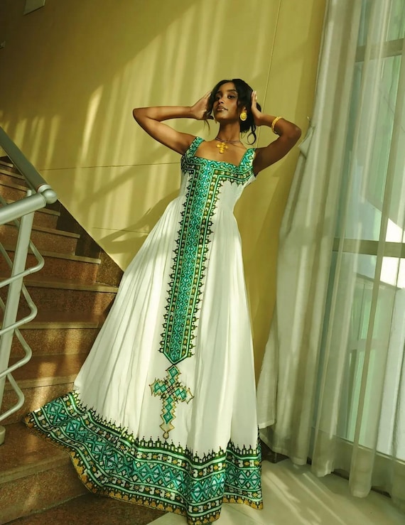 White Habesha Dress With Green Embroidery: Ethiopian Eritrean Zuria - Etsy Israel White Habesha Dress With Green Embroidery: Ethiopian Eritrean Zuria - Etsy Israel