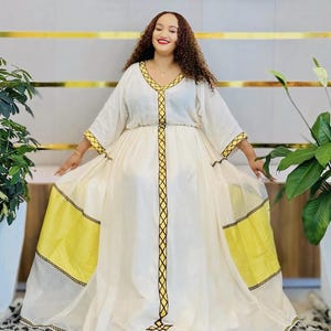 Handmade White and Gold Habesha Dress: Traditional Ethiopian Kemis