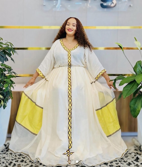 Handmade White and Gold Habesha Dress: Traditional Ethiopian Kemis