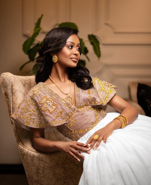 slim fit dress slacks Gold Habesha Kemis – Premium Handcrafted Wedding Dress for Ethiopian B –  Habesha Dresses Store main image 1