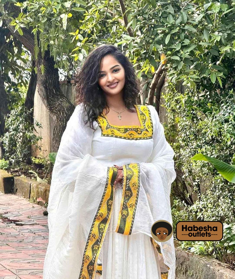 Graceful White Ethiopian Zuria Dress - Traditional Habesha Kemis with Green Accents main image 1