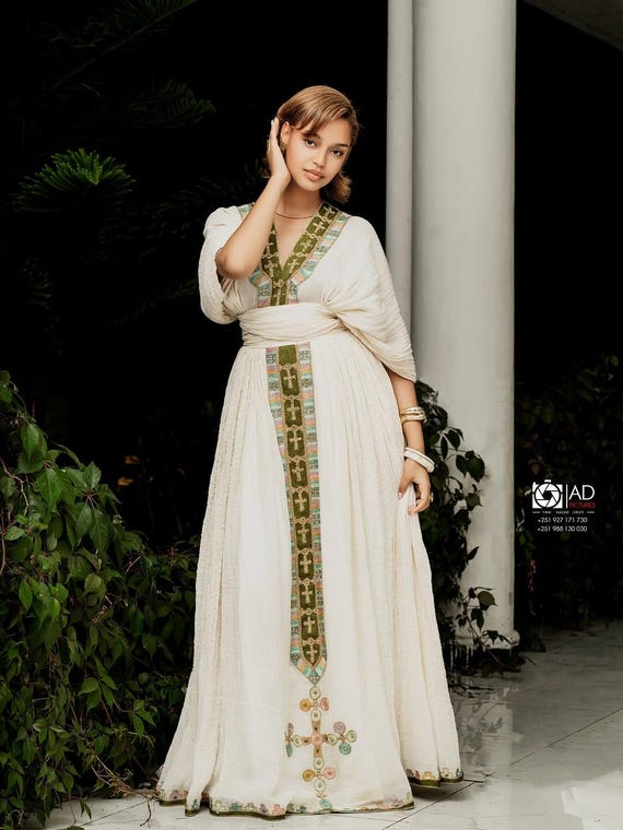 Ethiopian Cultural Dress - Heritage-Inspired Green Traditional Habesha Dress with Timeless Design Ethiopian Cultural Dress - Heritage-Inspired Green Traditional Habesha Dress with Timeless Design