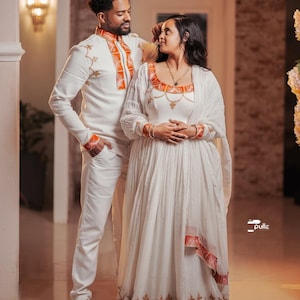Matching Habesha Dress & Men’s Shirt Set – Elegant Ethiopian Tilet for Weddings, Engagements and Special Occasions