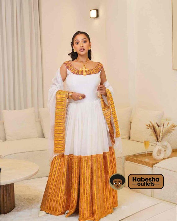 Elegant Ethiopian Eritrean Habesha Dress Traditional Handwoven - Main Image