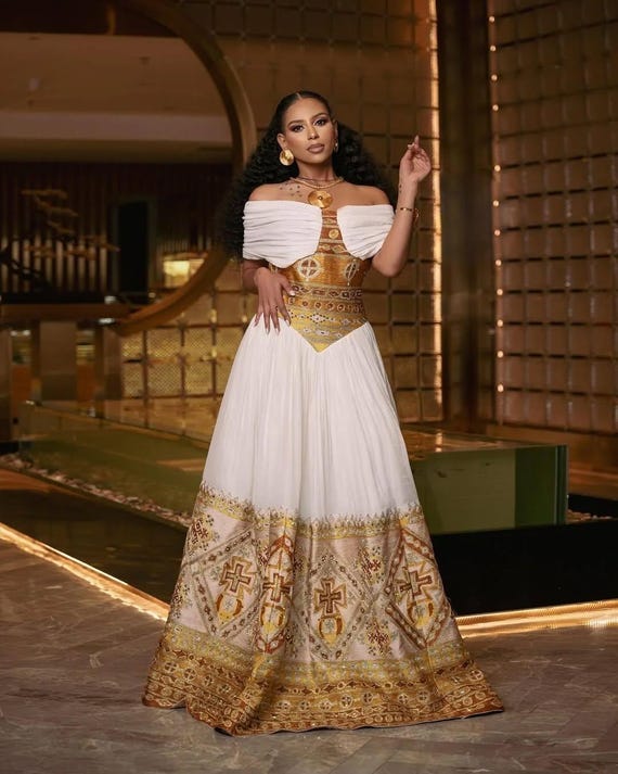 gold ethiopian dress Habesha Kemis Size:7Y/8Y