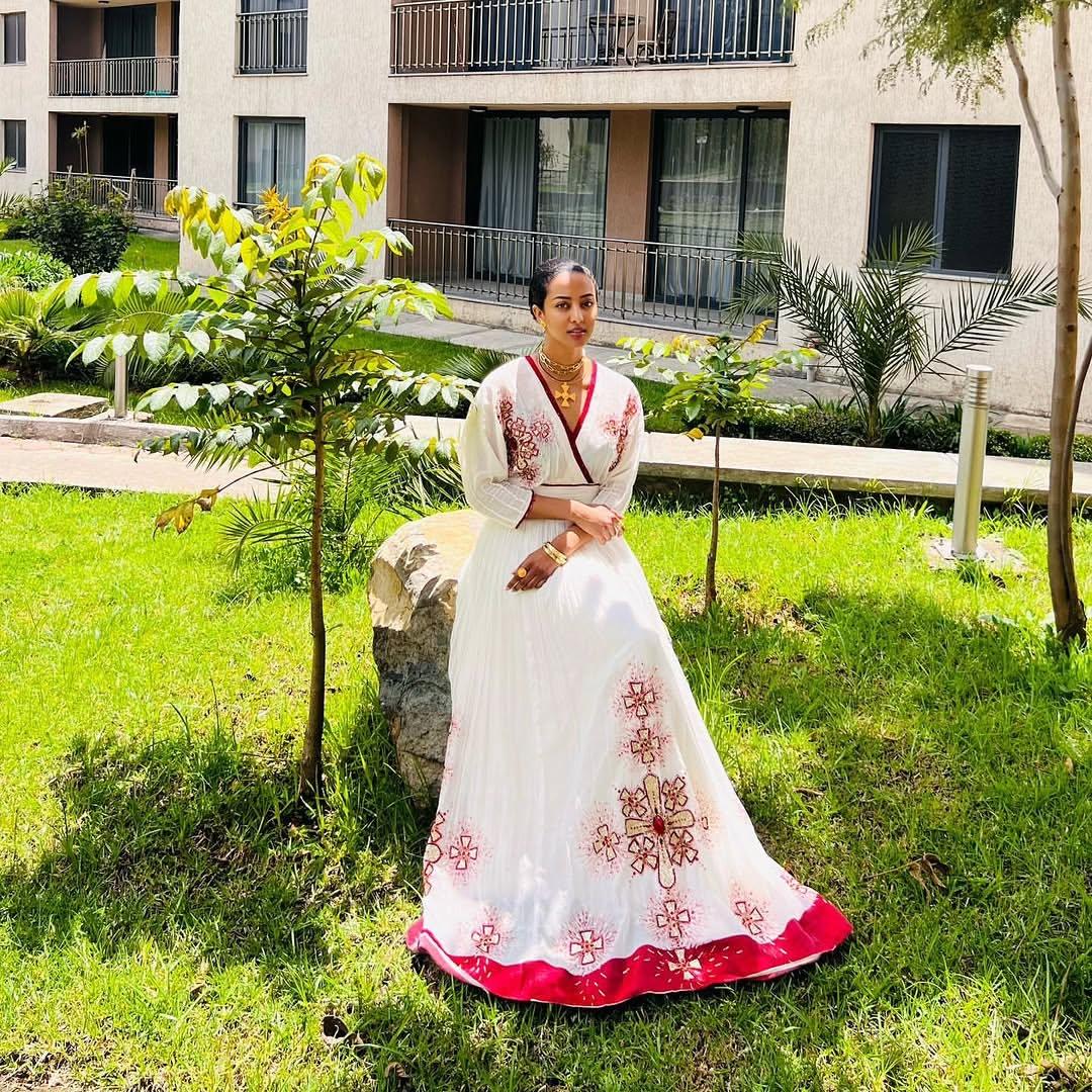 Red Habesha Zuria – Simple Flowing Traditional Dress With Soft Floral ...