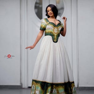 Green tilet Habesha Wedding Dress – Traditional Ethiopian Bridal Zuria | Elegant Habesha Kemis for Brides | Luxury Ethiopian Wedding Dress