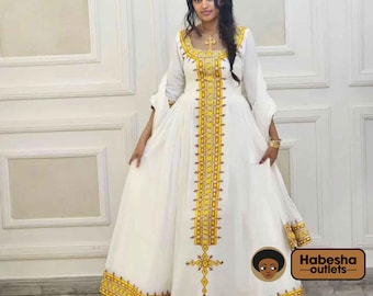 Traditional Ethiopian Habesha Kemis Dress - Handmade White Zuria with Red Borders main image 1