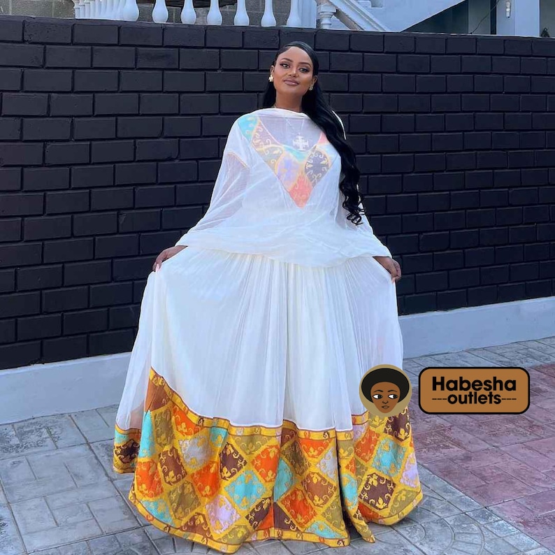 Graceful White Habesha Zuria - Traditional Eritrean Dress with Gold Edge Details main image 1