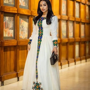 Colorful Habesha Dress with Modern Tibeb – Handwoven Ethiopian Kemis