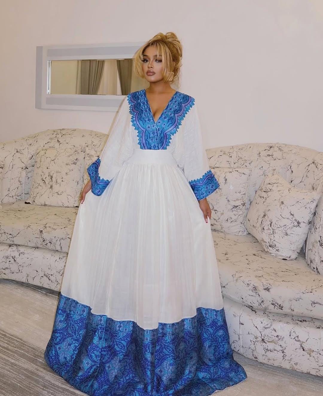 ethiopian traditional dress blue Ethiopian Raya Wollo traditional Dark Blue Fabric Embroidery Habesha Dress