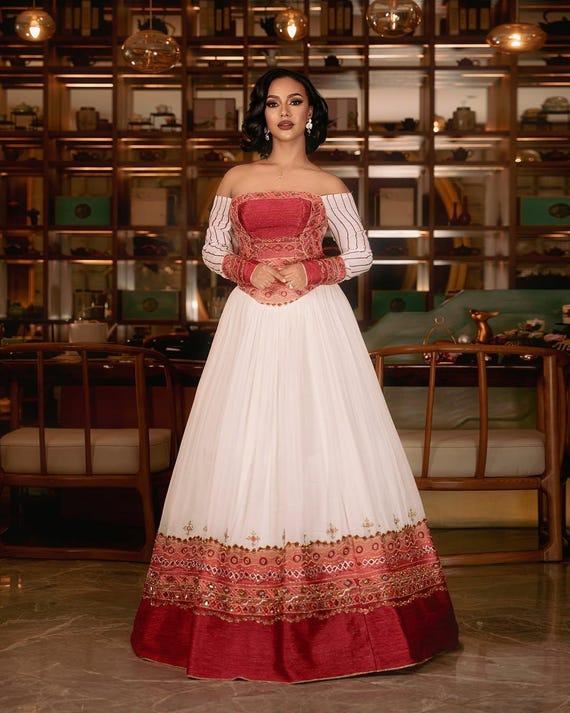 red and white formal dresses Ethiopian Dress with Sculpted Corset Fit Cultural Handcrafted Accents corset red and white wedding dresses