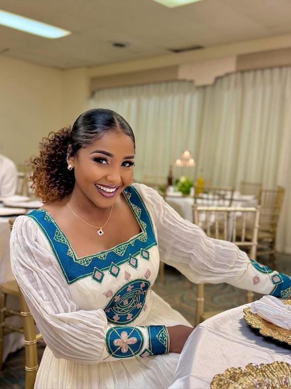 habesha dress blue Beautiful White & Blue Habesha Dress