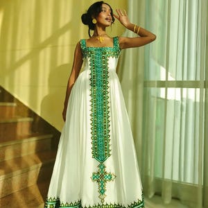 Beautiful White Habesha Cloth with Green Embroidery– Traditional Ethiopian Dress, Zuria, Fetil & Eritrean Dress