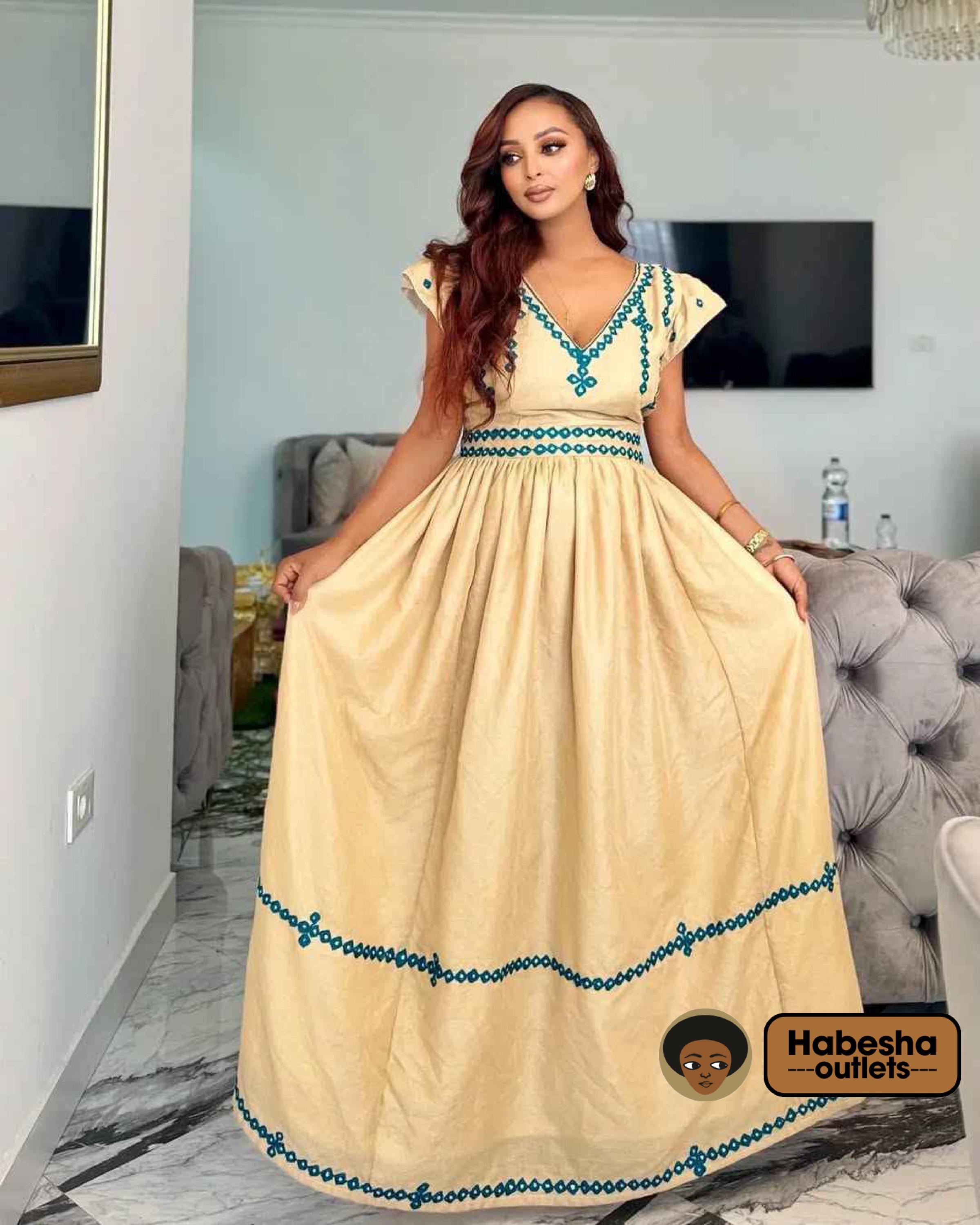 Elegant Habesha Dress - Sleeveless Ethiopian Zuria with Blue Tilet