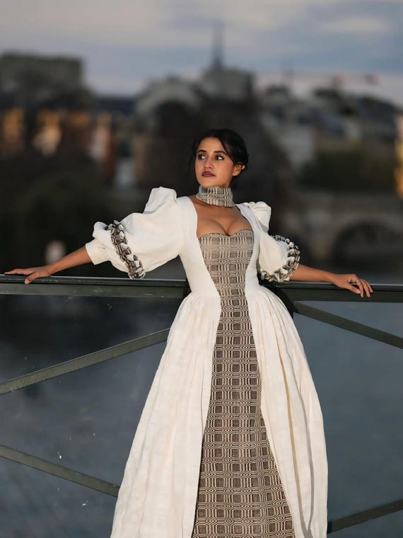 Modern Ethiopian Dress by Rahela - White with Gold & Black Rectangle Pattern Modern Ethiopian Dress by Rahela - White with Gold & Black Rectangle Pattern