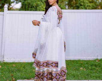 Authentic Habesha Kemis – Traditional Ethiopian & Eritrean Zuria Dress with Intricate Tilf Embroidery