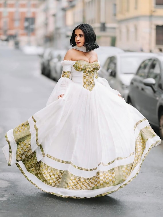 Elegant Ethiopian Dress by Rahela - White Longline Gold & Black Detail Edition