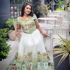 Modern Ethiopian Wedding Dress with Green Tibeb – Unique Habesha Dress