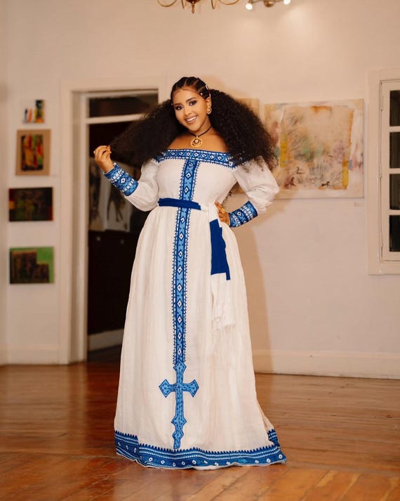 habesha dress White traditional Ethiopian dress with multicolored embroidery – FTWWL