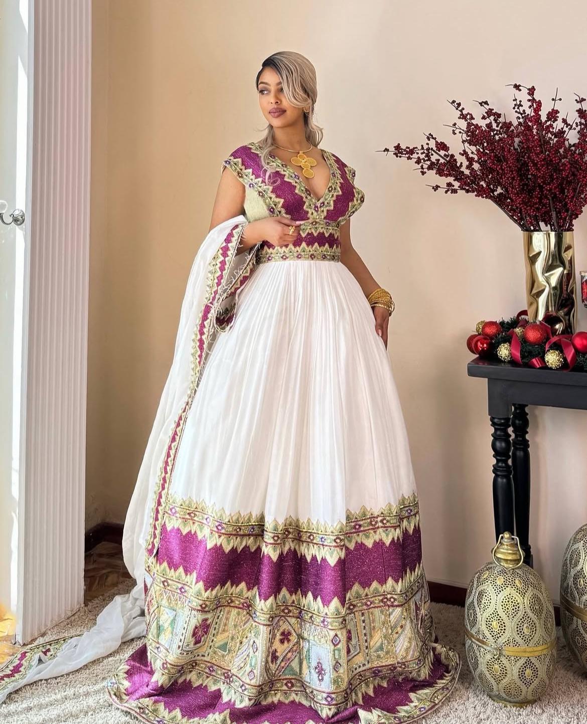 Vibrant Ethiopian Habesha Dress - Traditional Zuria with Colorful Embroidery for Women main image 1