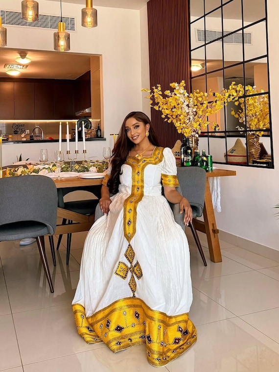 Gold Ethiopian Dress | Handmade Habesha KemiS for Cultural Festivals