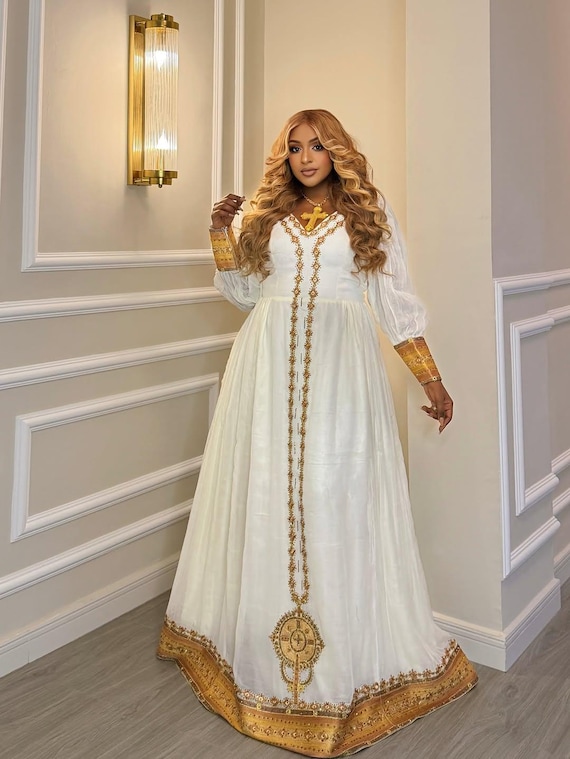 Ethiopian Habesha Dress with Silver Detailing - Elegant Traditional Graduation Attire