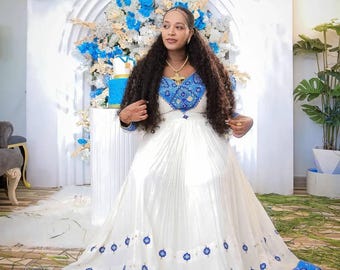 Blue Cultural Habesha Dress for Ethiopian and Eritrean Women