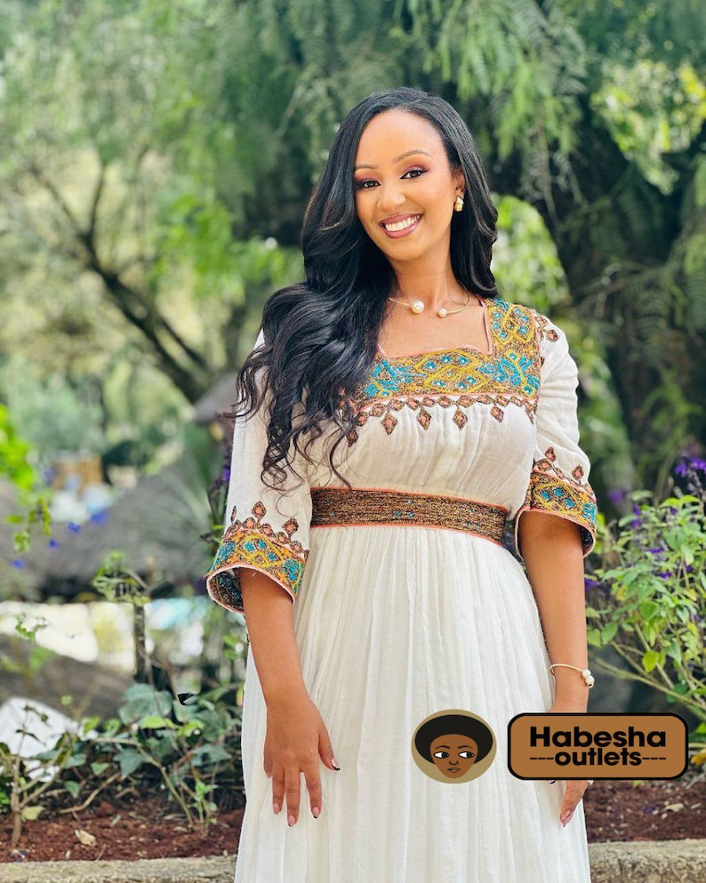 White and Gold Habesha Dress – Handcrafted Ethiopian Outfit for Weddings & Church main image 1