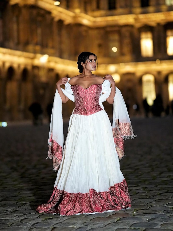 red ethiopian traditional dress Vibrant Red Ethiopian Traditional Dress: Modern Mini Habesha Dress for   TheEthiopianStore