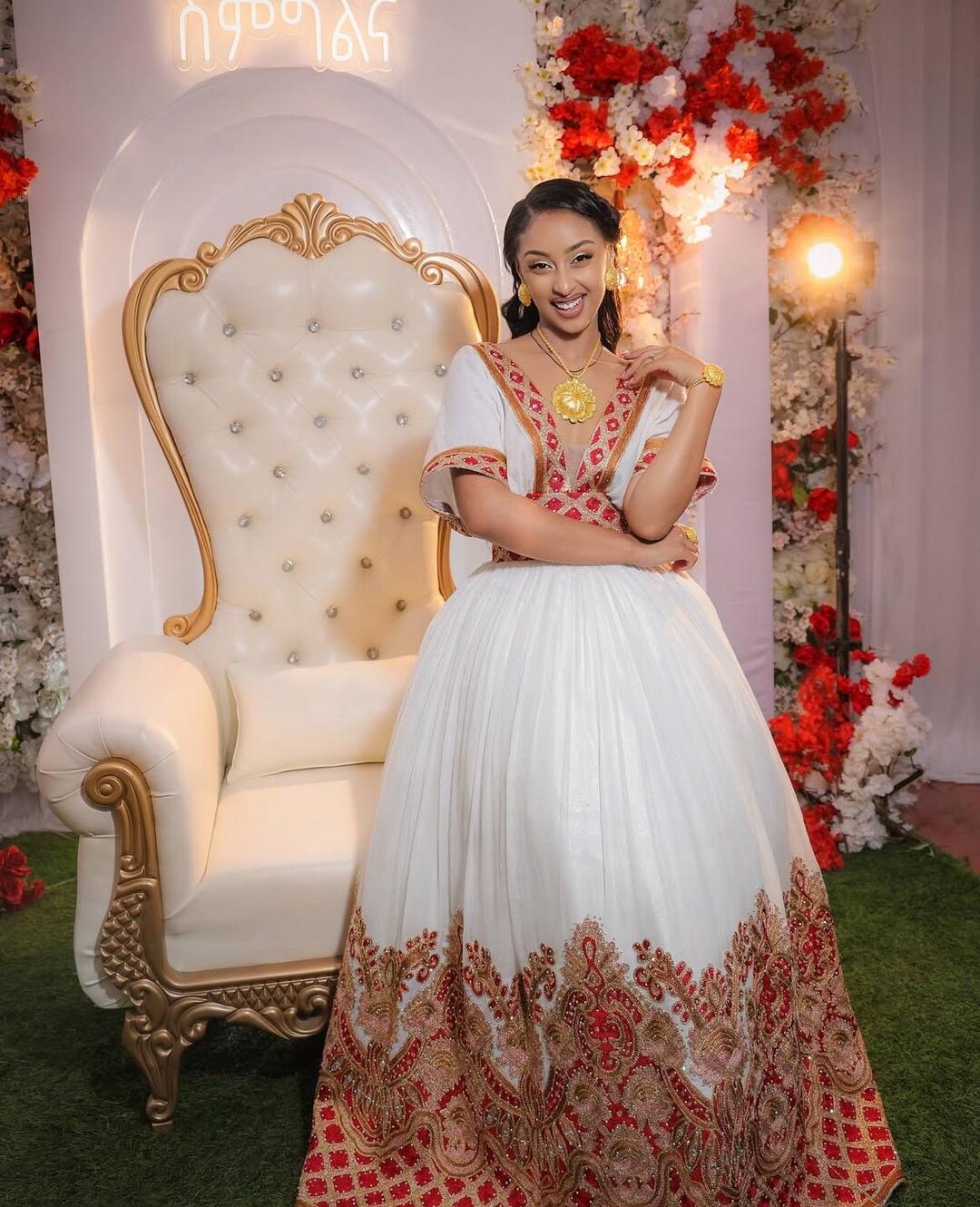 Classic Habesha Dress for Women - Traditional Ethiopian Attire with Red & Yellow Border