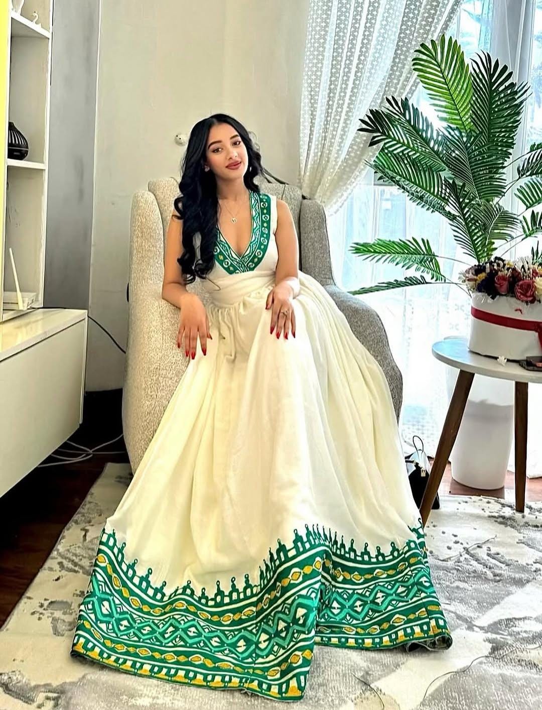 Ethiopia Traditional Dress – Classic Green Habesha Dress With Colorful ...