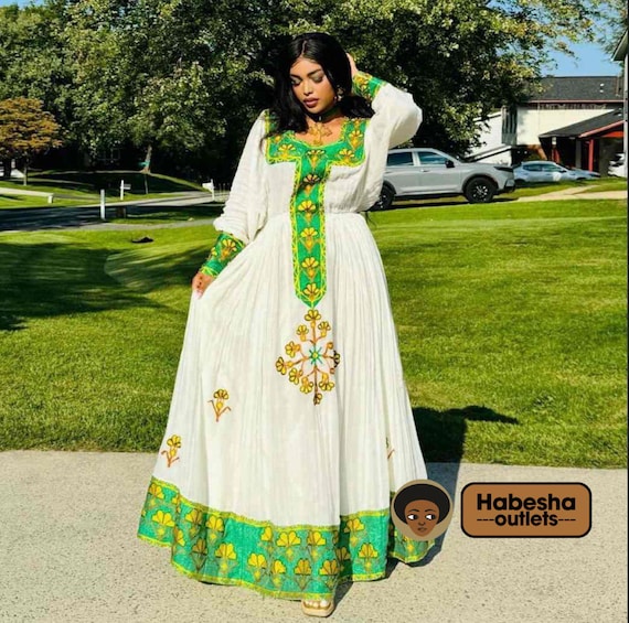 Modern Habesha Kemis with Green Tilf Embroidery | Elegant Cultural Outfit