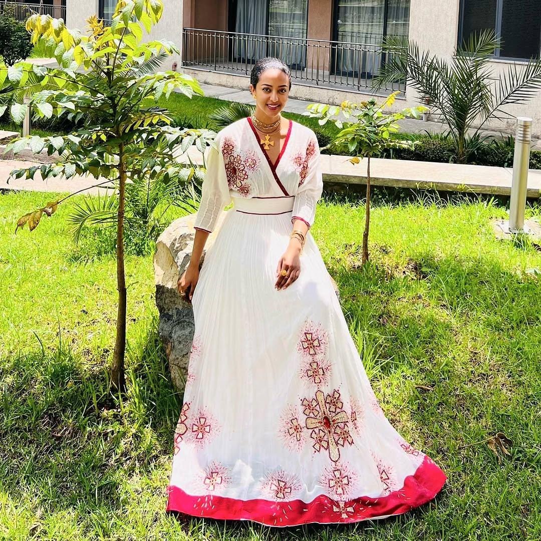 Red Habesha Zuria – Simple Flowing Traditional Dress With Soft Floral ...