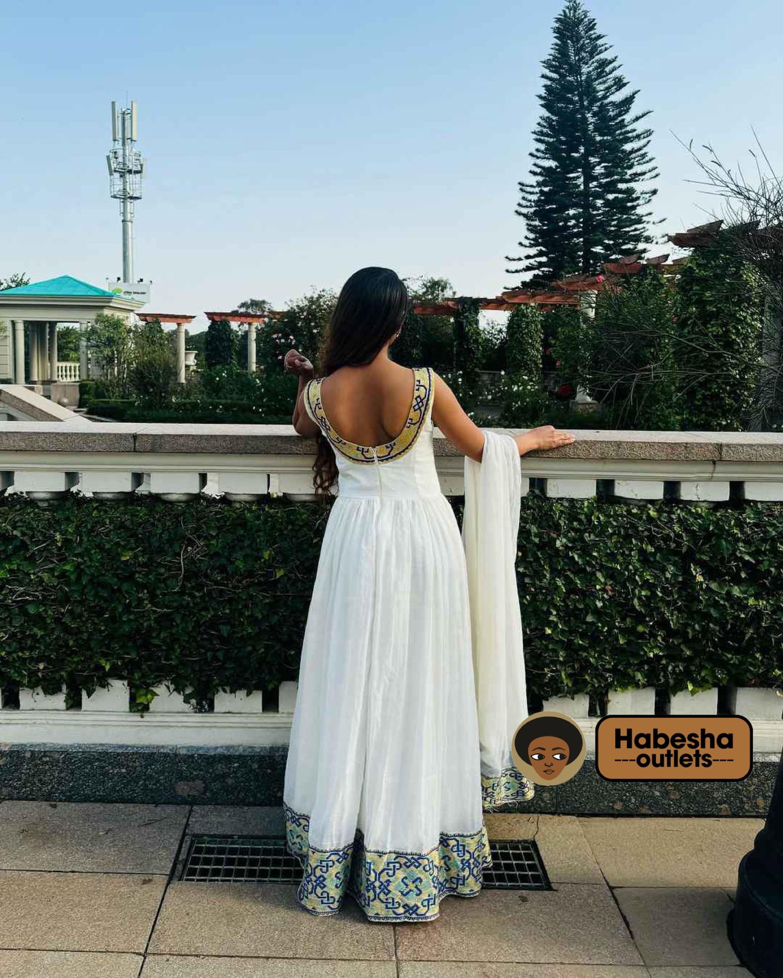 Classic Habesha Dress - Elegant White Ethiopian Zuria Dress with Green Details main image 1