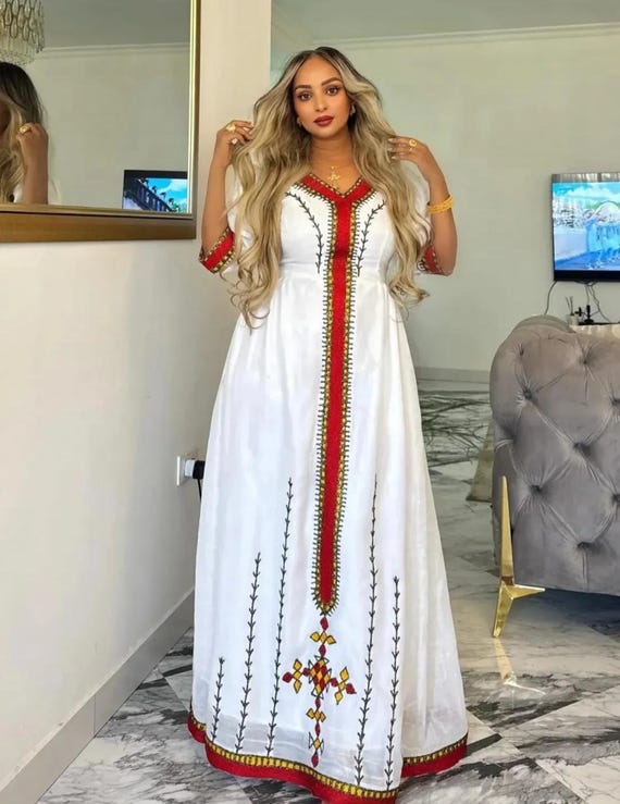 Modern Ethiopian Dress with Red & Gold Trim - Chic Habesha KemiS