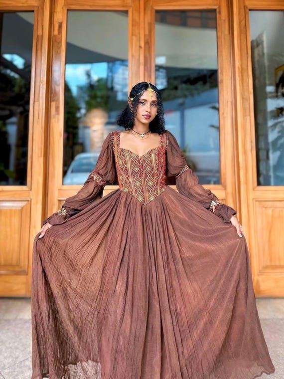 brown embroidered dress Ethiopian – Elegant Habesha Corset Dress with Colorful Tibeb Barlina Length:34-35 Music Gifts Male Enlisted Full Dress Slightly Stretch