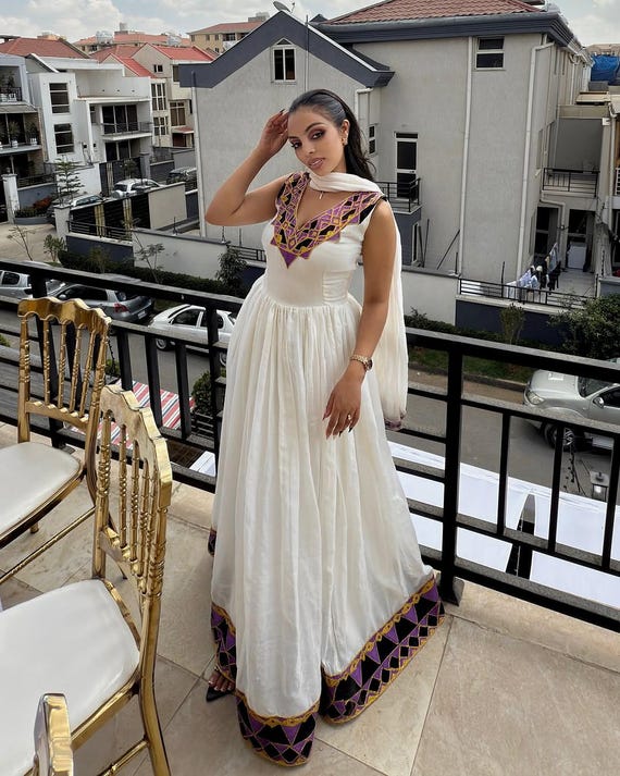 Ethiopian Dress | Purple Habesha Dress with Gold Accents