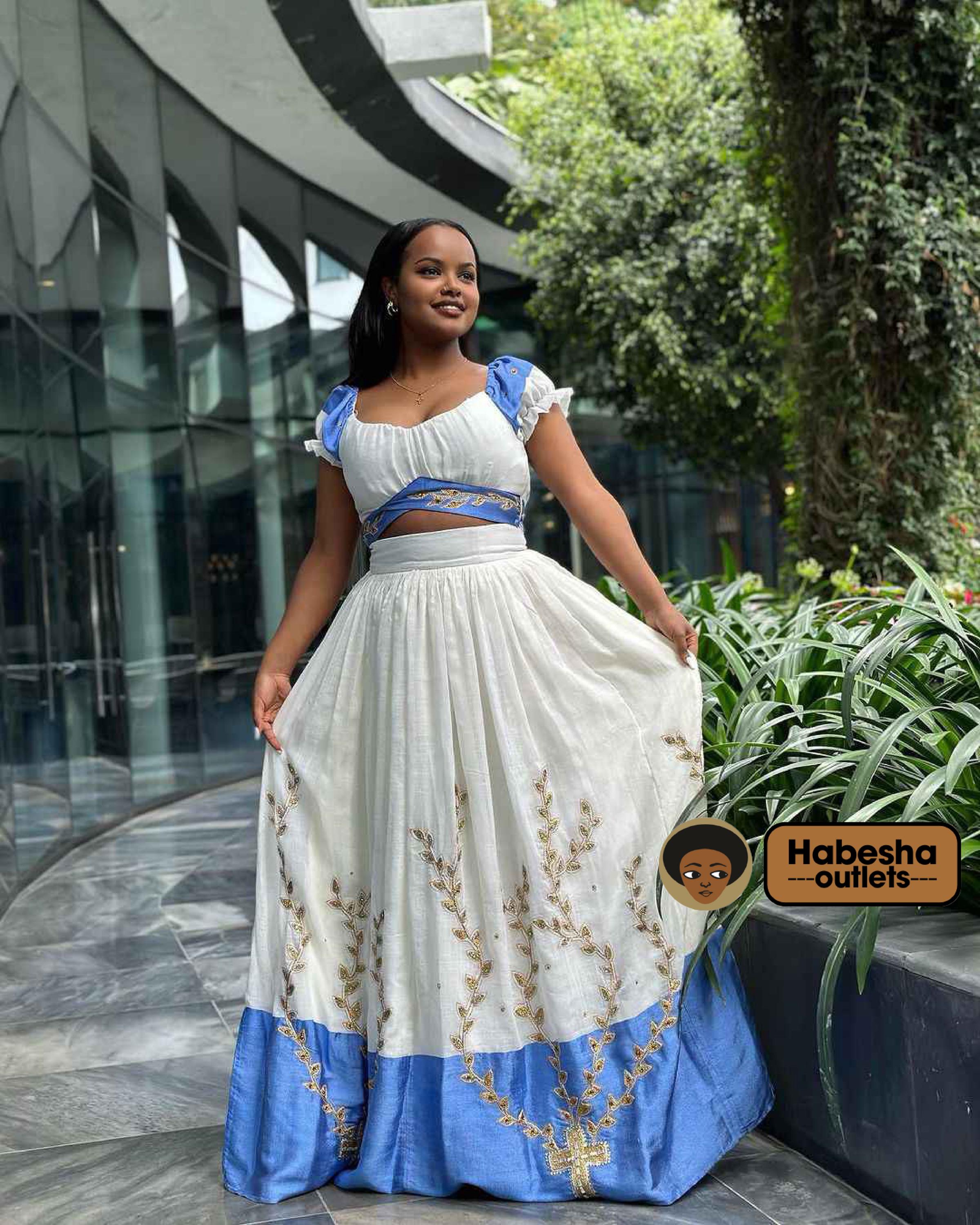 Elegant Traditional Ethiopian Habesha Dress - Zuria with Teal & Gold Floral Design main image 1