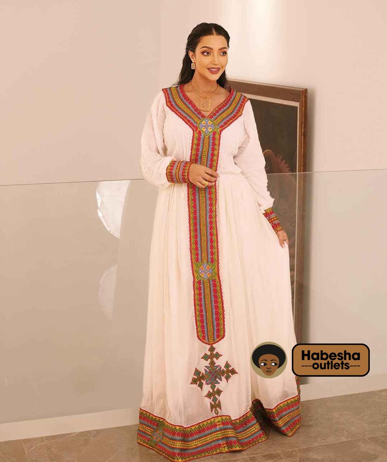 Graceful White Ethiopian Zuria Dress - Traditional Habesha Kemis with Green Accents