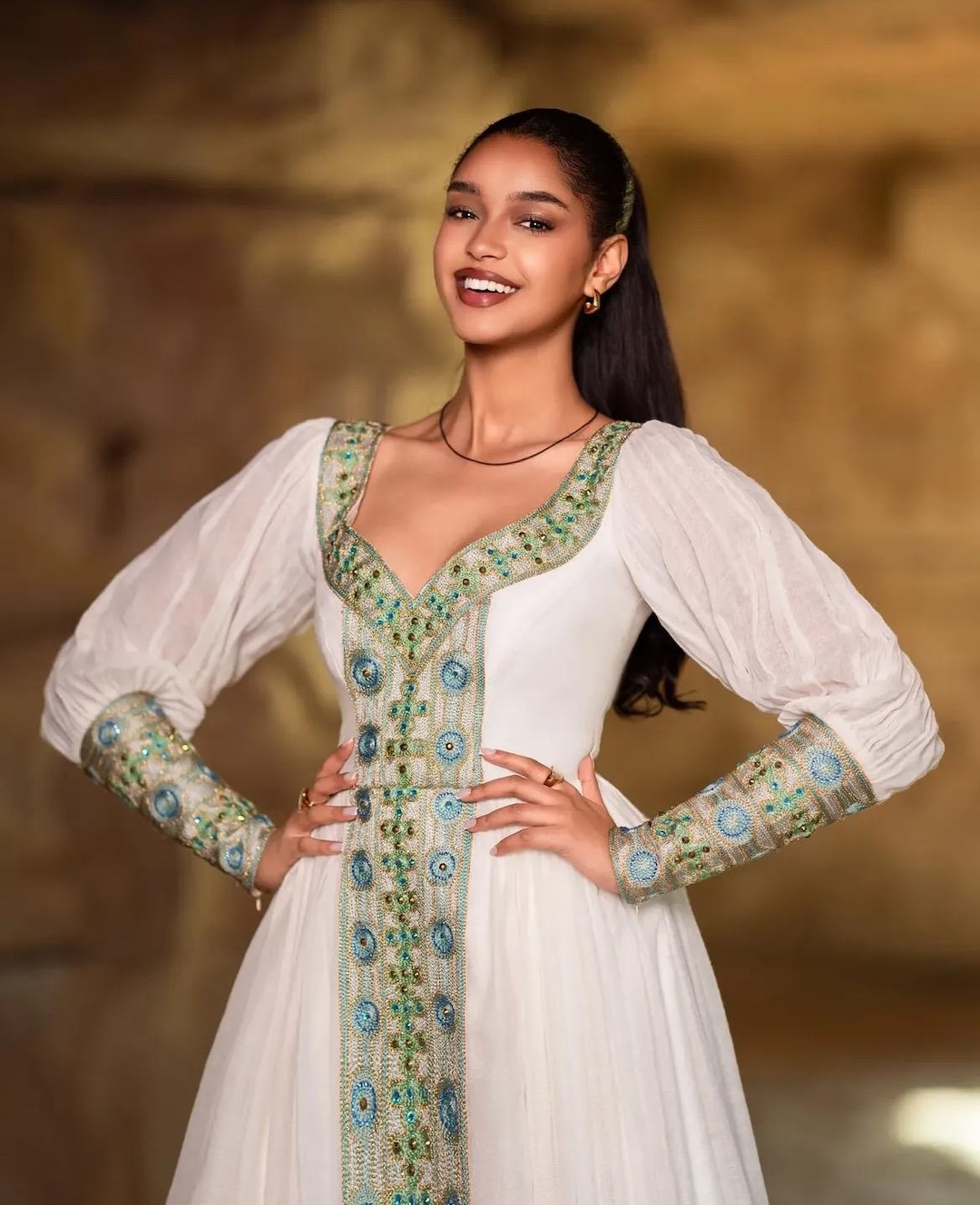 Elegant Habesha Zuria with Blue embroidery– Handwoven Ethiopian Dress wedding, graduation and special events main image 1