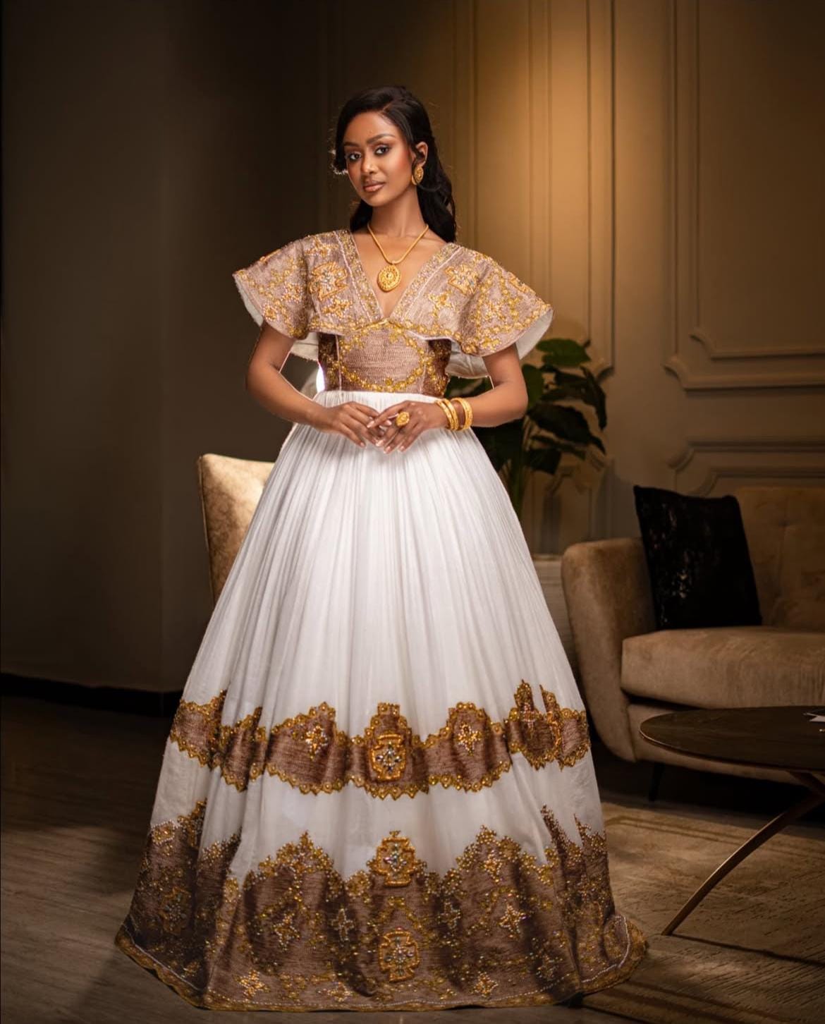 Elegant Habesha Wedding Dress - Handcrafted Ethiopian Bridal Kemis with Gold Tilf Elegant Habesha Wedding Dress - Handcrafted Ethiopian Bridal Kemis with Gold Tilf