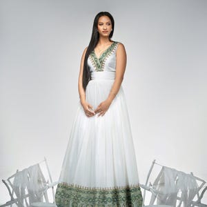 Serene Habesha Kemis with Green Tibeb – Modern Ethiopian Traditional Dress