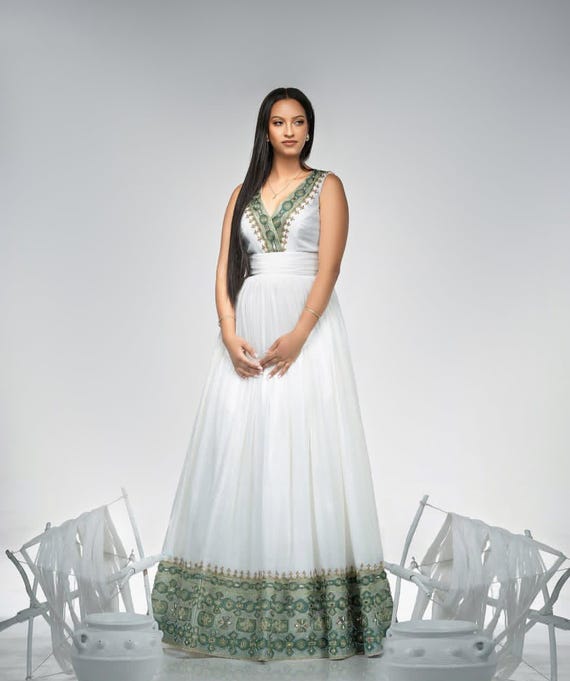 Serene Habesha Kemis With Green Tibeb – Modern Ethiopian