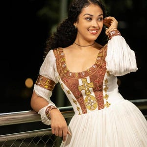 Traditional Eritrean and Ethiopian Dress – Handmade Habesha Dress/Zuria with Gold Tilf for Celebrations and Ceremonies