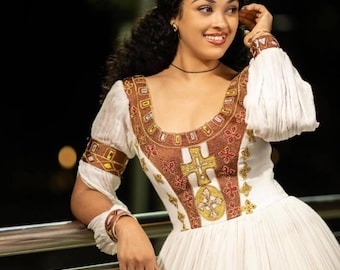 Traditional Eritrean and Ethiopian Dress – Handmade Habesha Dress/Zuria with Gold Tilf for Celebrations and Ceremonies