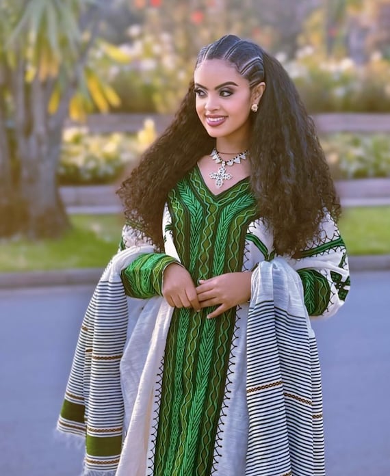 knee length dresses for ladies Vibrant Design Habesha Dress Style Modern Habesha Kemis Ethiopian Dres –  TheEthiopianStore main image 0