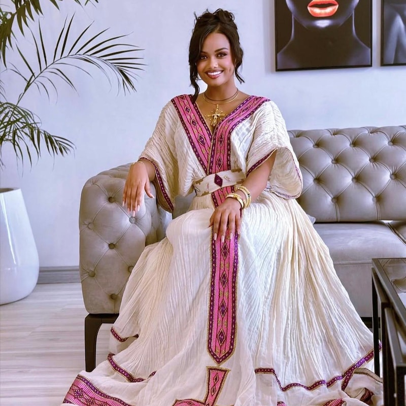 Cultural Habesha Kemis For Women, New pink  Tilet Eritrean & Ethiopian Traditional Dress